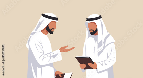Two Men In Traditional White Attire Discussing Documents in a Neutral Background with Pixelated Illustration Style