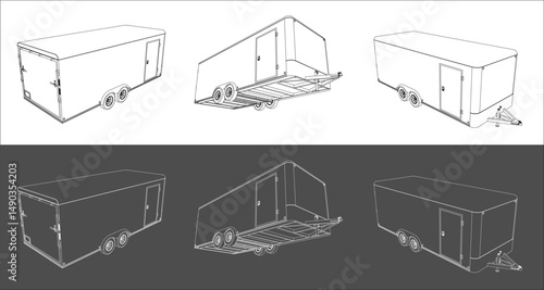 20' trailer RV enclosed technical line drawing 8.5x20 feet blueprints. vector  isolated in transparent background