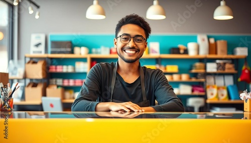 Friendly shop assistant behind counter, smiling, staff, sales associate