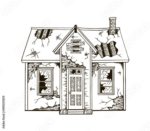 Abandoned old broken brick house.  Old house exterior. Hand drawn sketch on white background. Graphic black white isolated sketch illustration