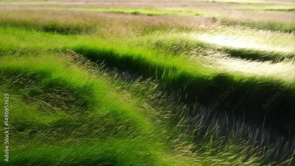 Green meadow grass field texture with sunlight flowing across, creating patterns on the flora, soft natural light shining Green meadow grass field texture with sunlight flowing across, creating patterns on the flora, soft natural light shining