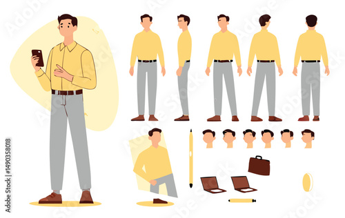 Casual business man character constructor for animation. Front, side and back view set. Body parts, postures