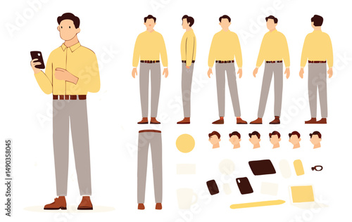 Casual business man character constructor for animation. Front, side and back view set. Body parts, postures