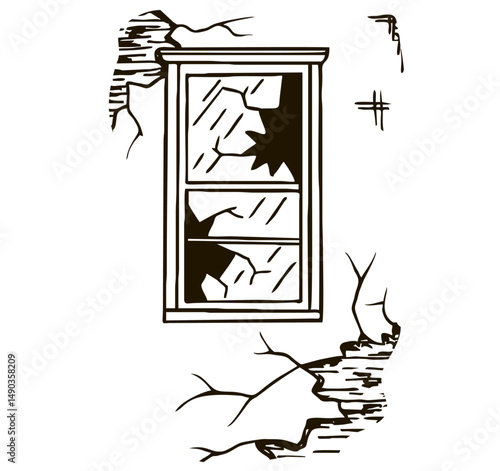 Broken and boarded up window sketch. Abandoned house window. Concept symbol, hand drawn illustration isolated on a white background