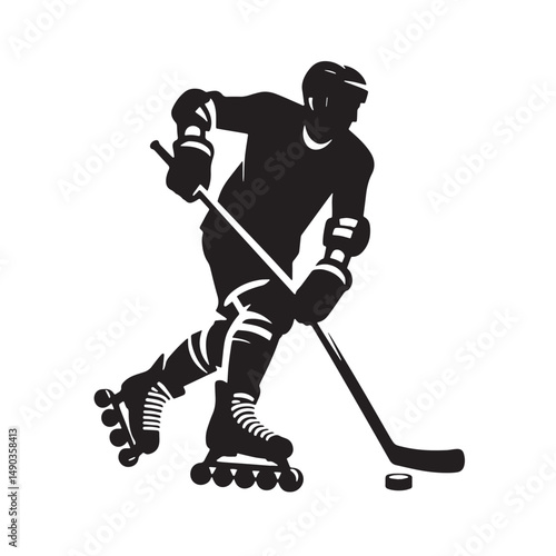 Roller Hockey Silhouette line art vector illustration on white background