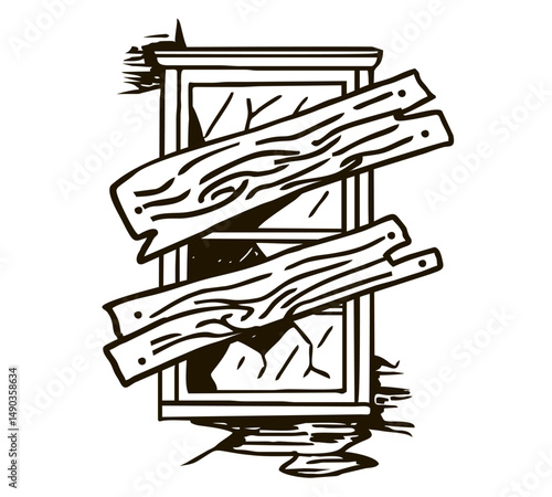 Broken and boarded up window sketch. Abandoned house window. Concept symbol, hand drawn illustration isolated on a white background