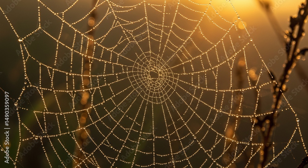 Fototapeta premium Close-up Dew-Kissed Spiderweb at Sunrise