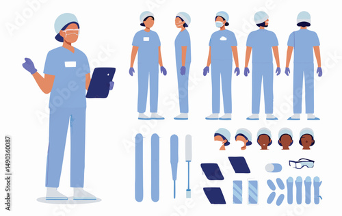 Manufacture quality control worker wearing hairnet, uniform holding scanner. Character for animation. Front, side and back view set. Body parts, postures, poses collection.