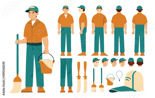 Janitor worker, cleaner wearing uniform holding mop and bucket. Character for animation. Front, side and back view set. Body parts, postures, poses collection.
