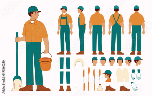 Janitor worker, cleaner wearing uniform holding mop and bucket. Character for animation. Front, side and back view set. Body parts, postures, poses collection.