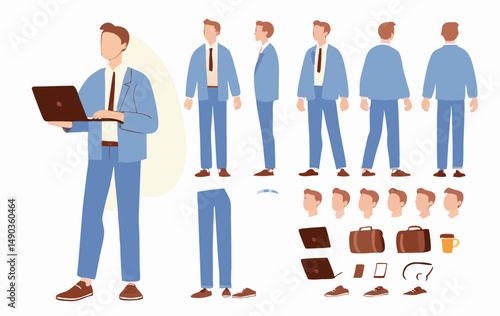 Business man holding laptop. Character constructor for animation. Front, side and back view set. Body parts, postures, poses collection