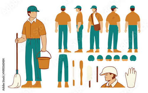 Janitor worker, cleaner wearing uniform holding mop and bucket. Character for animation. Front, side and back view set. Body parts, postures, poses collection.