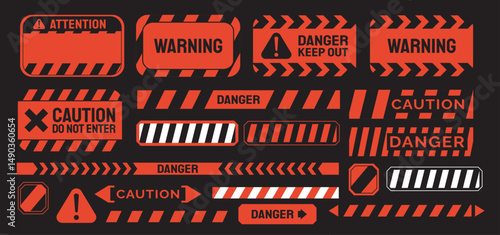 Warning vector signs. Attention sign, warning sign, caution sign, danger sign. Exclamation mark. Yellow warning caution sign text space area message box sticker label object goods commodity. Dangerous