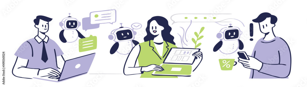 Fototapeta premium AI technology set. Characters using artificial intelligence generative tools for business tasks, content creation, marketing, automation