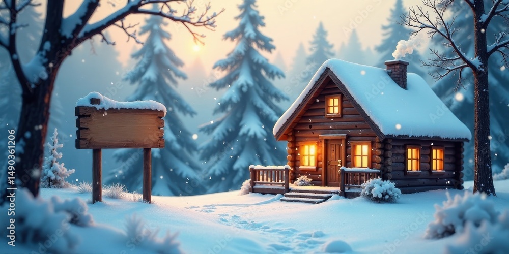 Fototapeta premium A cozy wooden cabin nestled in a snow covered winter wonderland, a blank wooden signpost stands invitingly nearby, awaiting a message of welcome or adventure.