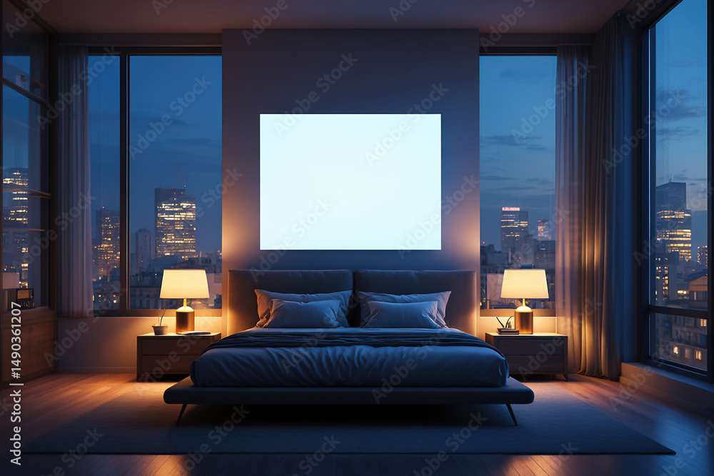 Fototapeta premium modern bedroom with big blank poster hanging on snow-white wall. The room is tastefully furnished in minimalist style,