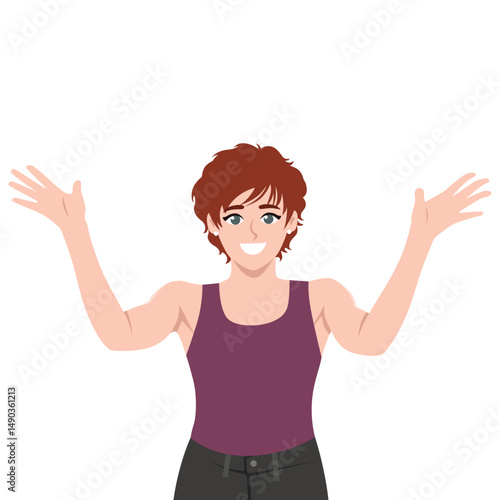 Woman with curly hair raises her hands in excitement, radiating positivity. Flat Vector character illustration