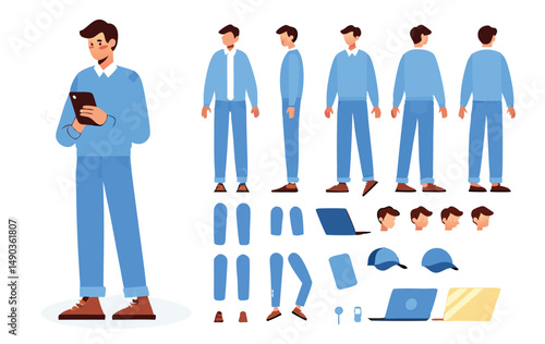 Business man character constructor for animation. Front, side and back view set. Body parts, postures, poses collection. Vector 