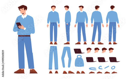 Business man character constructor for animation. Front, side and back view set. Body parts, postures, poses collection. Vector 