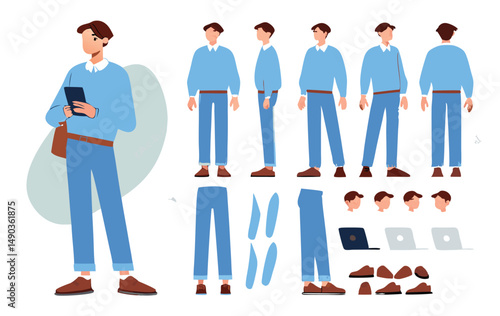 Business man character constructor for animation. Front, side and back view set. Body parts, postures, poses collection. Vector 