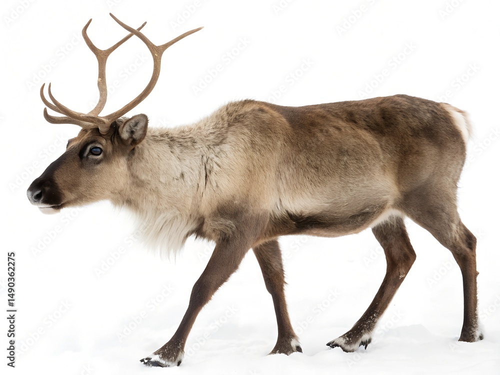 Obraz premium Reindeer isolated on white background. A reindeer with antlers is walking through the snow. Concept of wilderness and the beauty of nature.