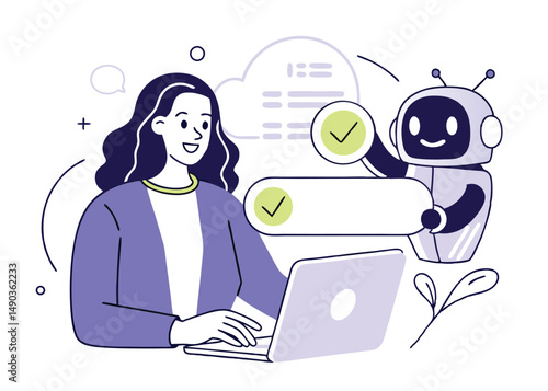 Search concept. Character using artificial intelligence generative tools for searching or browsing internet. Woman integrating with robot. SEO
