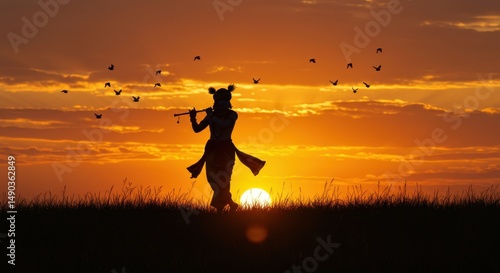 Wallpaper Mural Illustration of Krishna – Divine Hindu God Playing Flute with Spiritual Aura PNG Torontodigital.ca