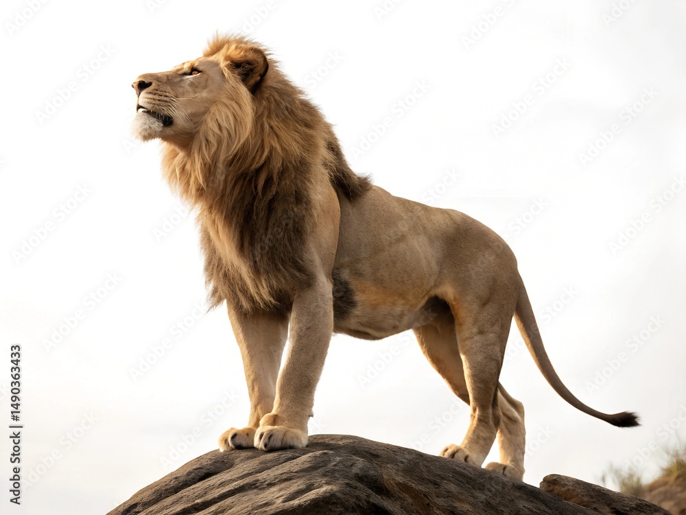 Fototapeta premium Lion king isolated on white background. A lion stands on a rock, looking up at the sky.