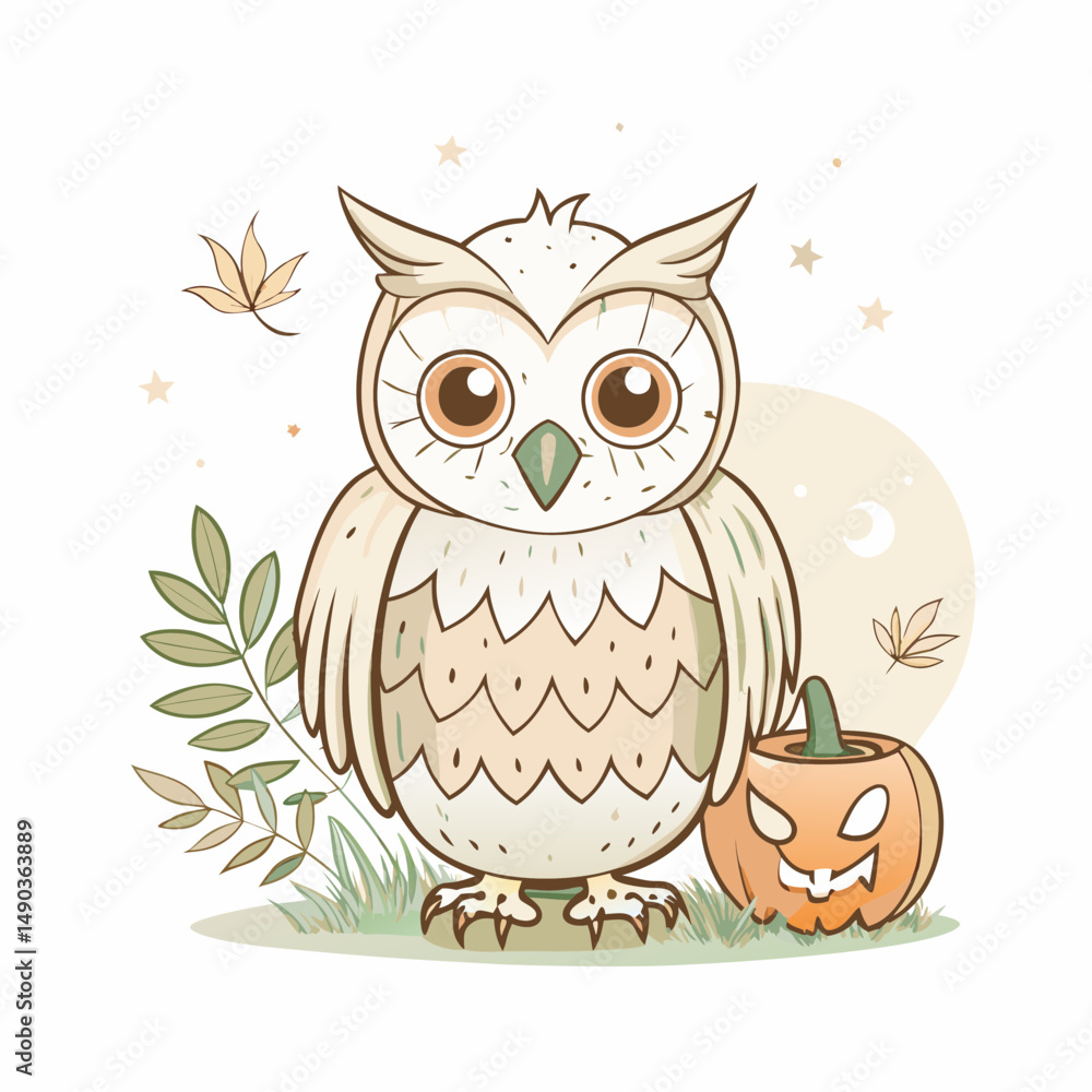 Fototapeta premium Cute Owl and Pumpkin Vector Icon for Autumn Season