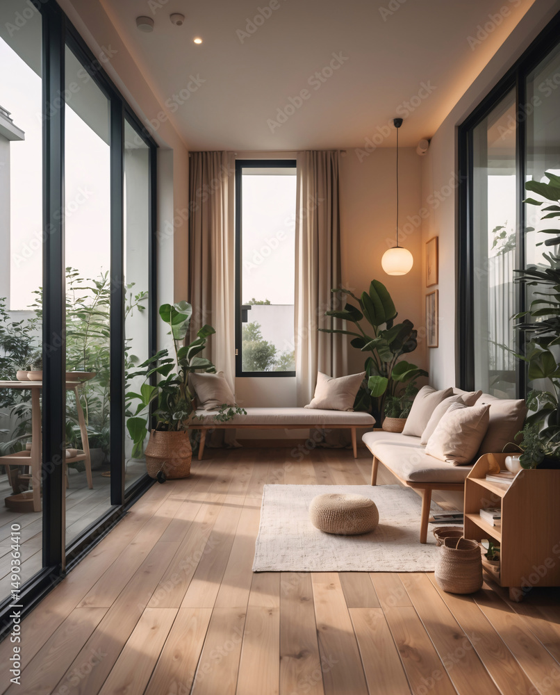 Fototapeta premium wooden furniture guest room in minimalist villa earth tone bed and couch nature view peaceful light restful atmosphere warm cozy modern interior villa Interior design