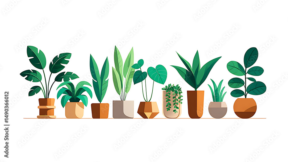Obraz premium Houseplant Collection: A vibrant collection of houseplants, showcasing a diverse range of species with distinctive foliage and pot styles, adding a touch of life and nature to any indoor space. 