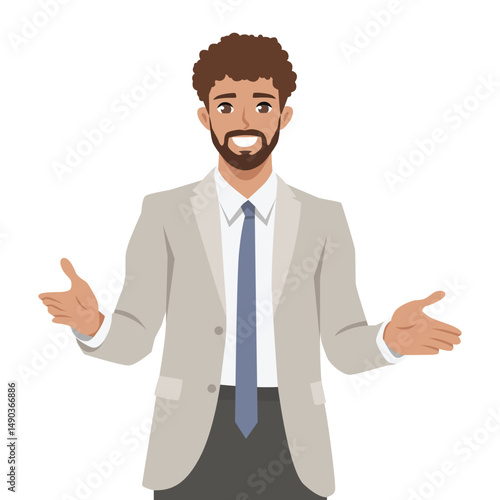 Man in business suit uses open hand gestures, appearing to explain or present something. Flat Vector character illustration