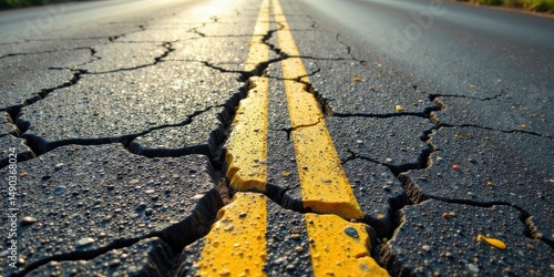 Wallpaper Mural A cracked asphalt road surface with double yellow lines, showing the effects of wear and tear on infrastructure, a symbolic representation of challenges and resilience Torontodigital.ca