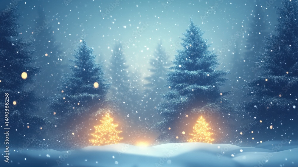 Snowy winter scene with illuminated Christmas trees and falling snow. Evergreen trees covered with snow in a forest, creating a festive and serene atmosphere. Snowy winter scene with illuminated Christmas trees and falling snow. Evergreen trees covered with snow in a forest, creating a festive and serene atmosphere.