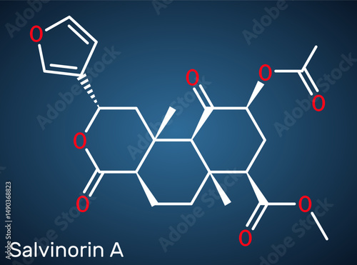 Salvinorin A molecule. Potent hallucinogenic compound from Salvia divinorum. Dark blue background