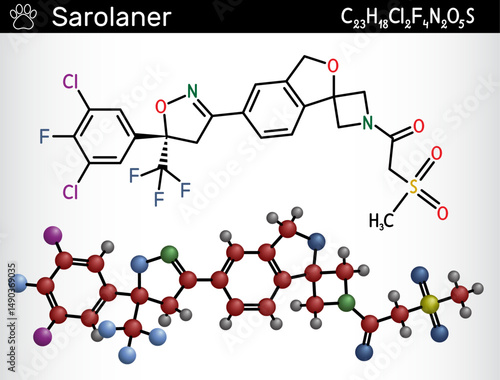 Sarolaner molecule, a veterinary medicine ectoparasiticide, used to treat fleas and ticks in dogs