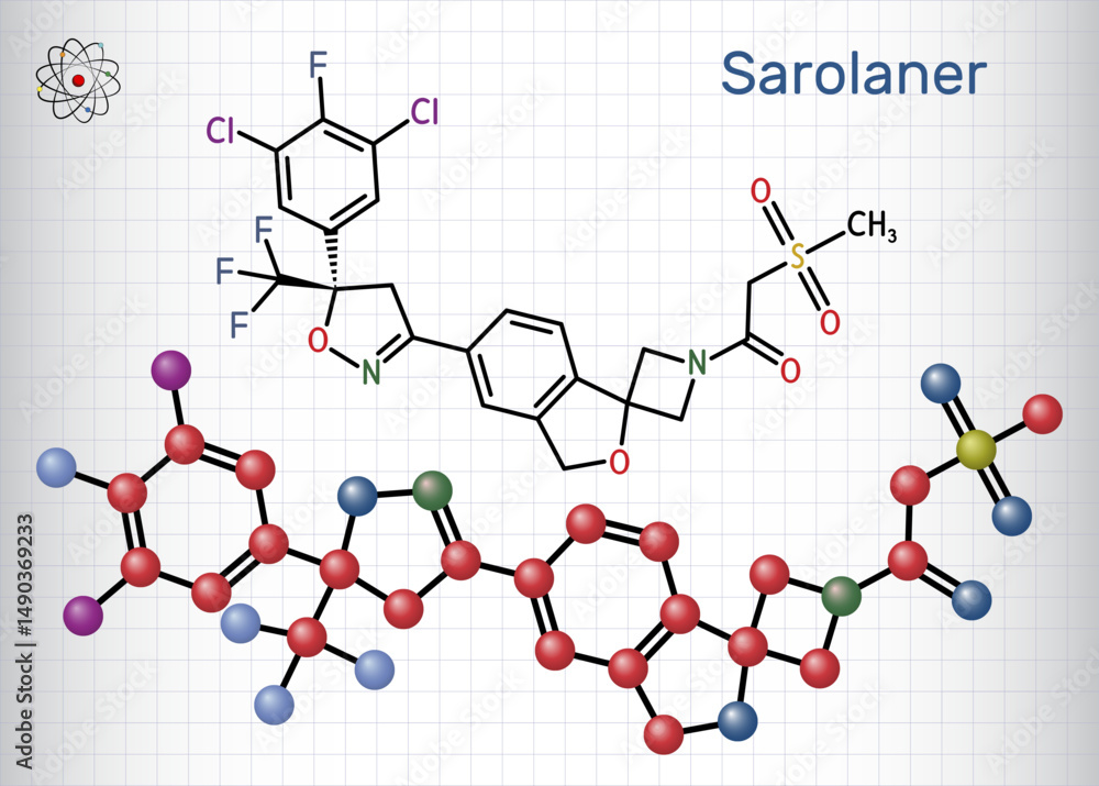 Sarolaner molecule, a veterinary medicine ectoparasiticide, used to treat fleas and ticks in dogs. Sheet of paper in a cage. Scientific vector Sarolaner molecule, a veterinary medicine ectoparasiticide, used to treat fleas and ticks in dogs. Sheet of paper in a cage. Scientific vector