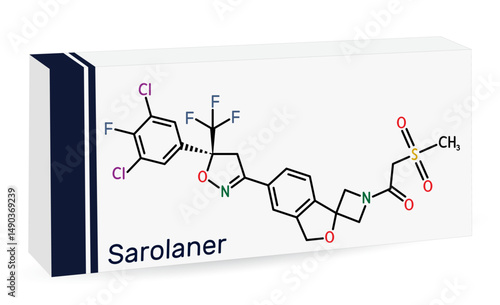 Sarolaner molecule, a veterinary medicine ectoparasiticide, used to treat fleas and ticks in dogs. Skeletal chemical formula