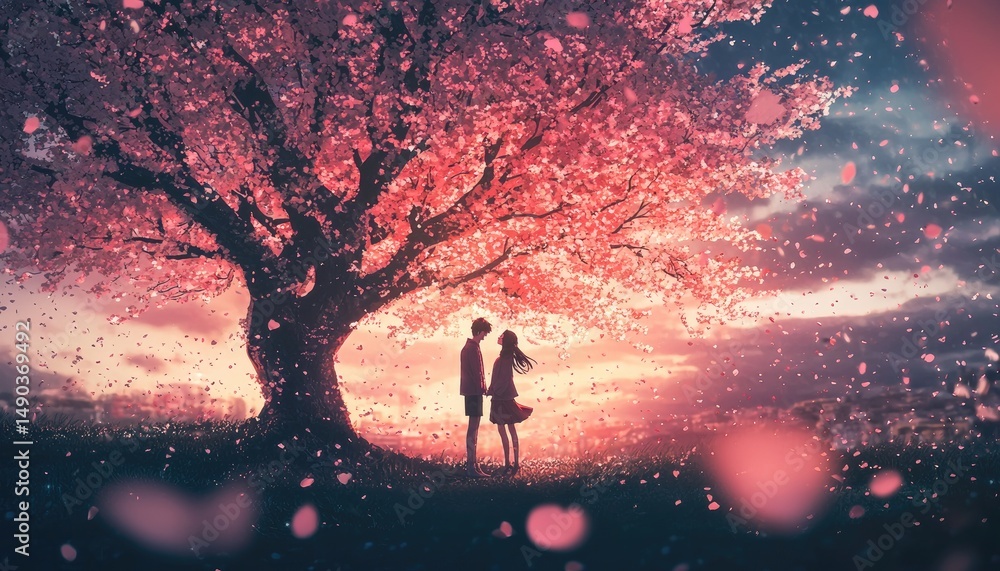 Fototapeta premium Romantic couple beneath a blossoming cherry tree at sunset.