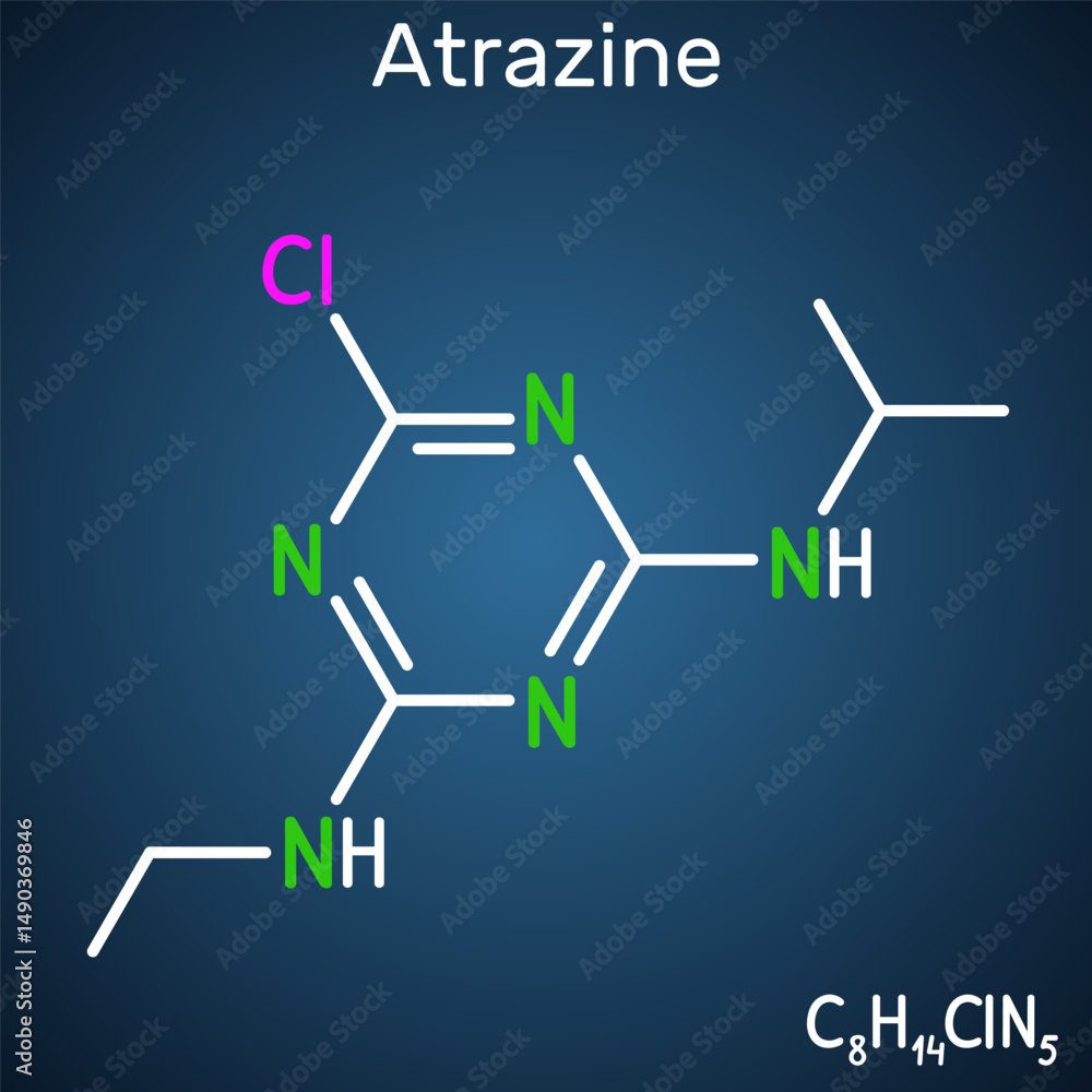 Fototapeta premium Atrazine molecule. Triazine herbicide used in agriculture for weed control. Structural chemical formula, dark blue background