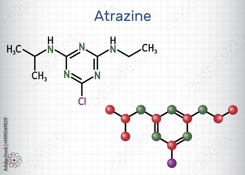 Atrazine molecule. Triazine herbicide used in agriculture for weed control. Sheet of paper in a cage
