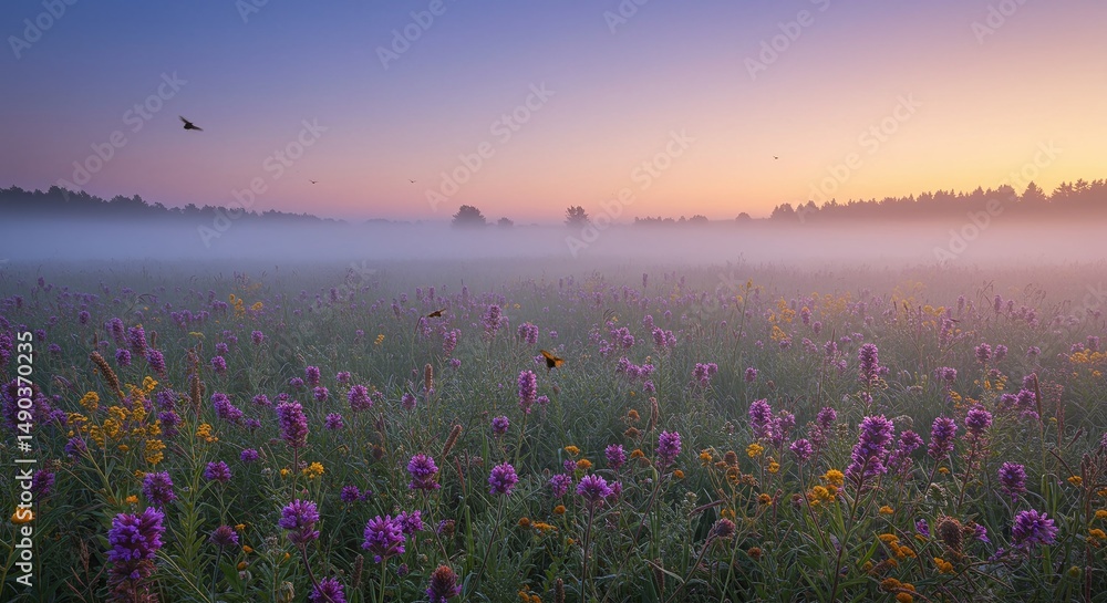 Naklejka premium Misty Sunrise over a Field of Wildflowers A Serene Landscape Photograph