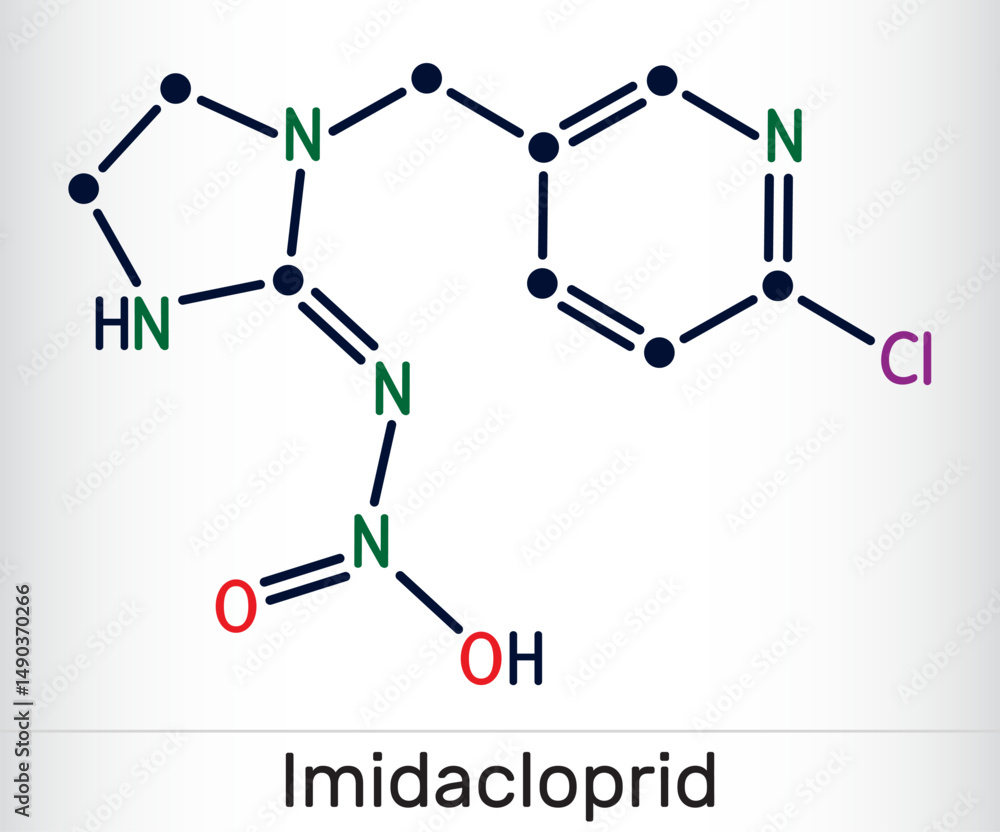 Imidacloprid molecule. Neonicotinoid insecticide used in agriculture and pest control. Skeletal chemical formula. Imidacloprid molecule. Neonicotinoid insecticide used in agriculture and pest control. Skeletal chemical formula.