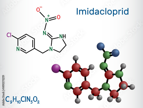 Imidacloprid molecule. Neonicotinoid insecticide used in agriculture and pest control.