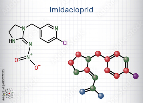 Imidacloprid molecule. Neonicotinoid insecticide used in agriculture and pest control. Sheet of paper in a cage
