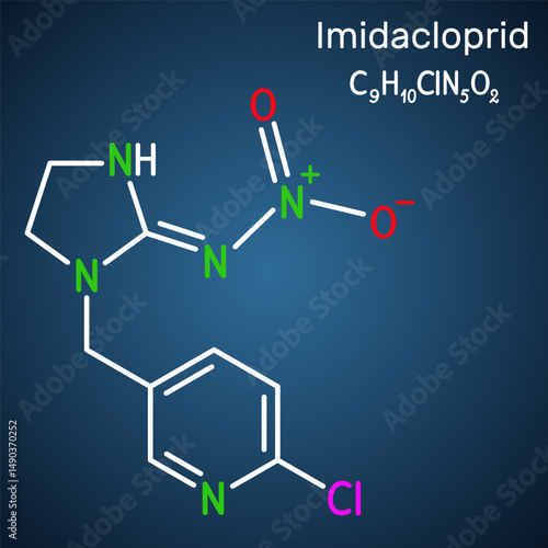 Imidacloprid molecule. Neonicotinoid insecticide used in agriculture and pest control. Dark blue background