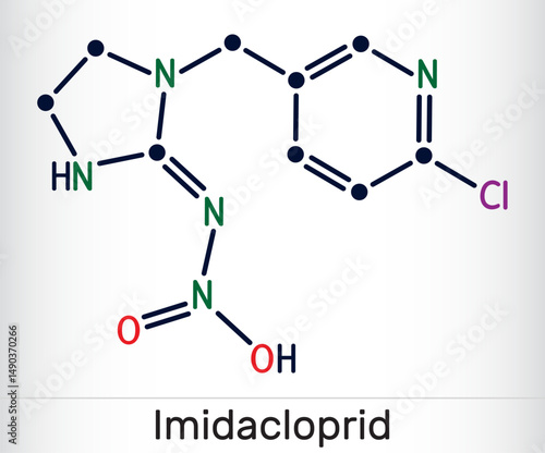 Imidacloprid molecule. Neonicotinoid insecticide used in agriculture and pest control. Skeletal chemical formula.
