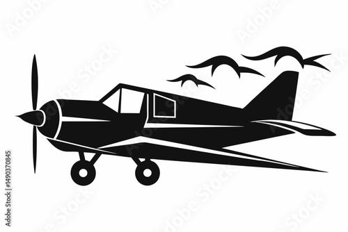 skywriting plane silhouette line art vector illustration with a white background