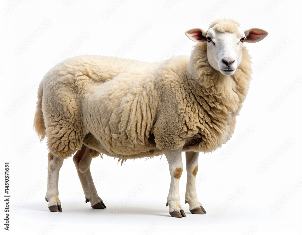 Detailed Side View Illustration of Sheep with Thick Wool Centered on Bright Background – Farm Animal Art Detailed Side View Illustration of Sheep with Thick Wool Centered on Bright Background – Farm Animal Art