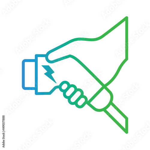 Hand holding electric charger connector icon. Electrical transportation charging plug symbol. Eco friendly electro vehicle charge Logo Design vector